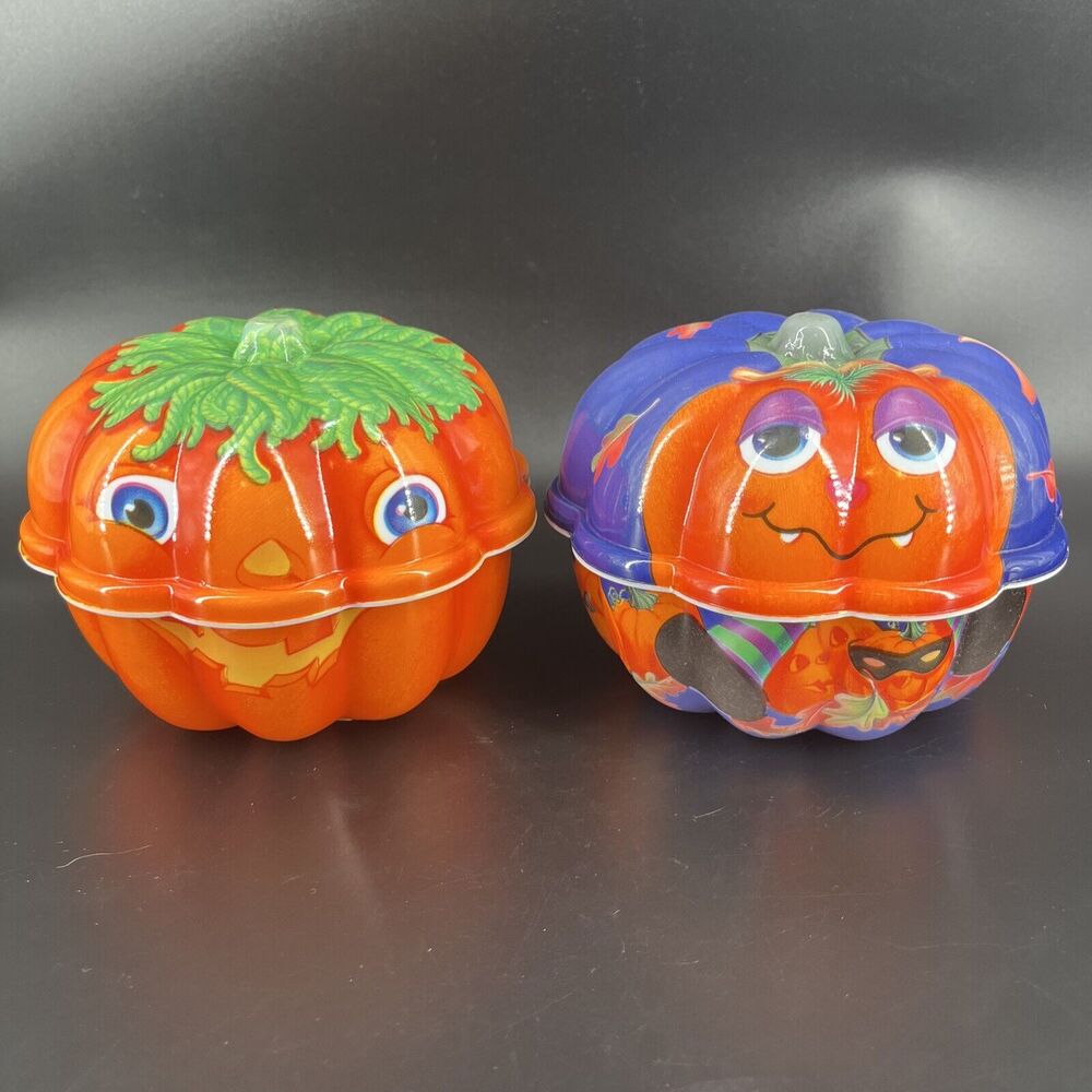 2 Vintage Ullman Company Halloween Pumpkin Jack-O-Lantern Plastic Containers USA